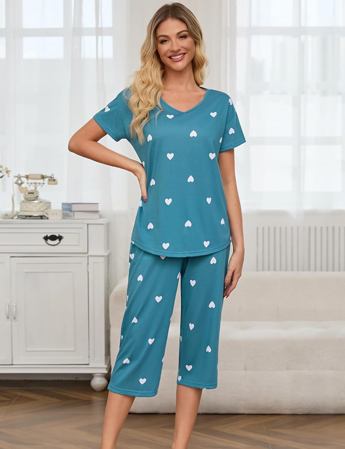 ENJOYNIGHT Womens Pajama Set Cotton Summer Pj Top with Capri Pant Sleepwear