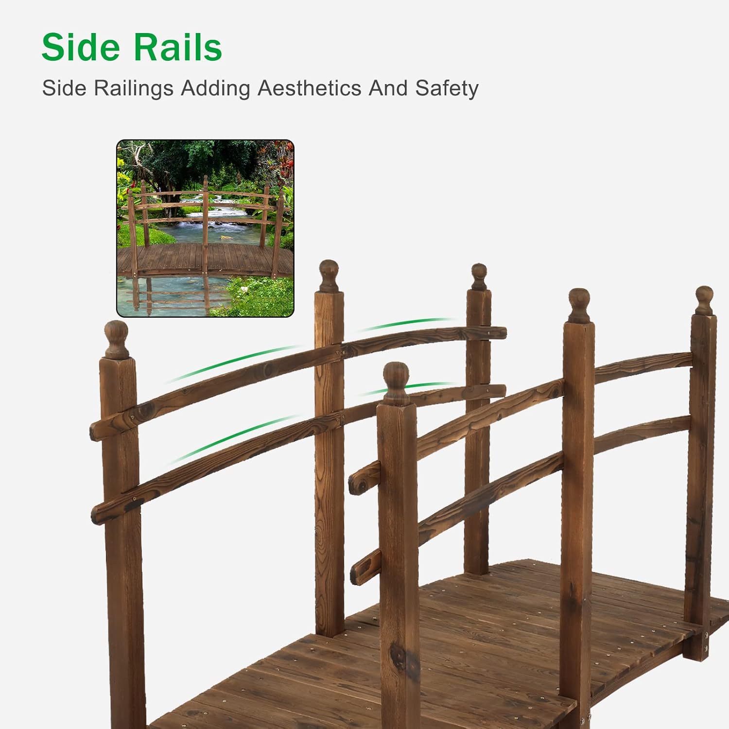 VINGLI 5 ft Garden Bridge, Classic Wooden Arch with Safety Rails Stained Finished Footbridge, Decorative Pond Landscaping, Backyard, Creek or Farm
