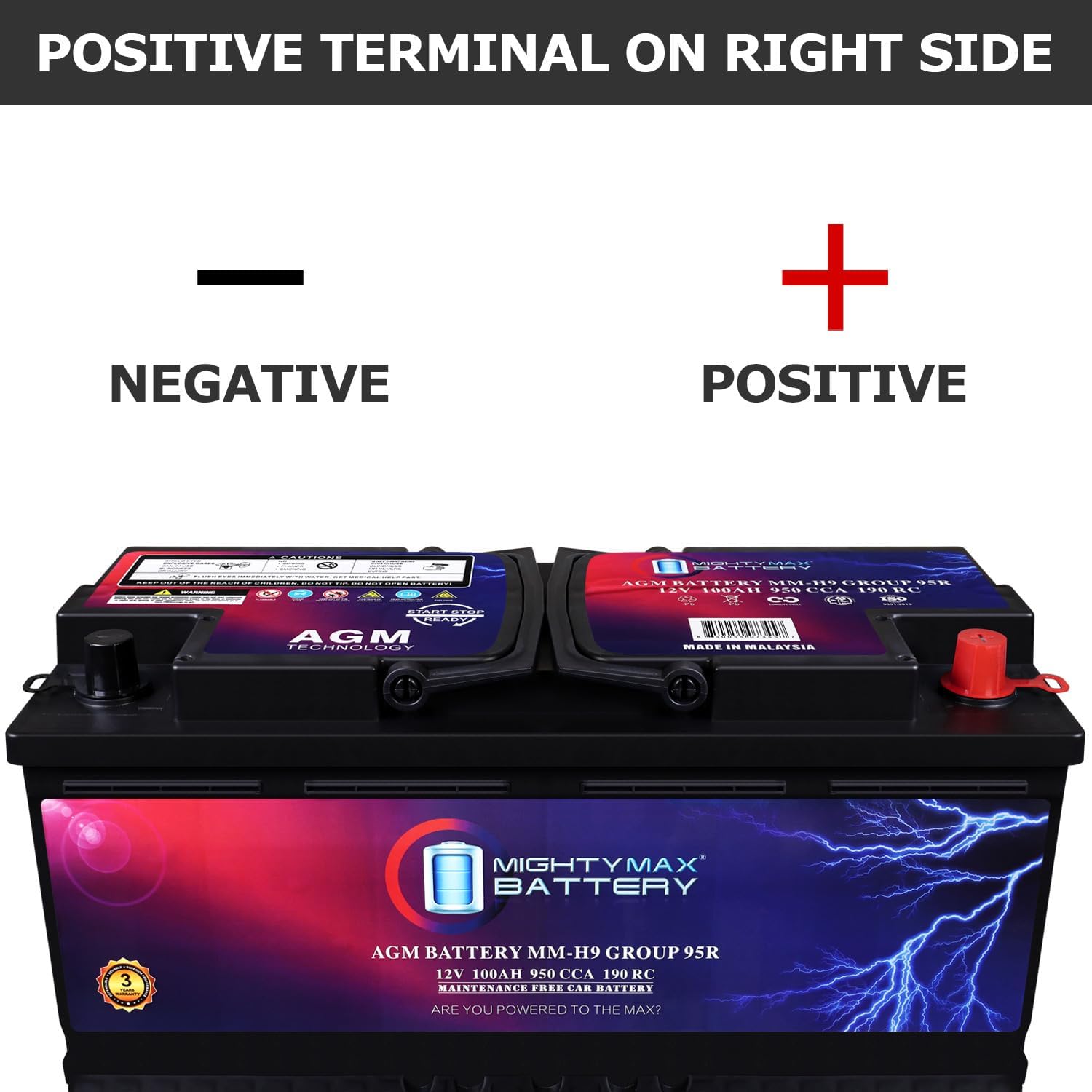 Mighty Max Battery MM-H8 Start and Stop Car BCI Group 49 12V 95Ah, 160RC, 900 CCA Rechargeable AGM Car Battery