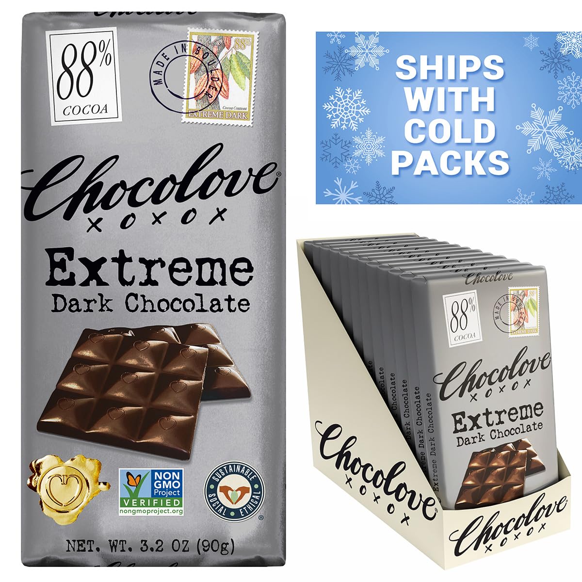 Chocolove Extreme Dark Chocolate Bars | 88% Cocoa | Rich and Intense Flavor | Made with Premium Dark Chocolate | Non-GMO & Gluten-Free, 3.2 oz Bar (12 Pack)
