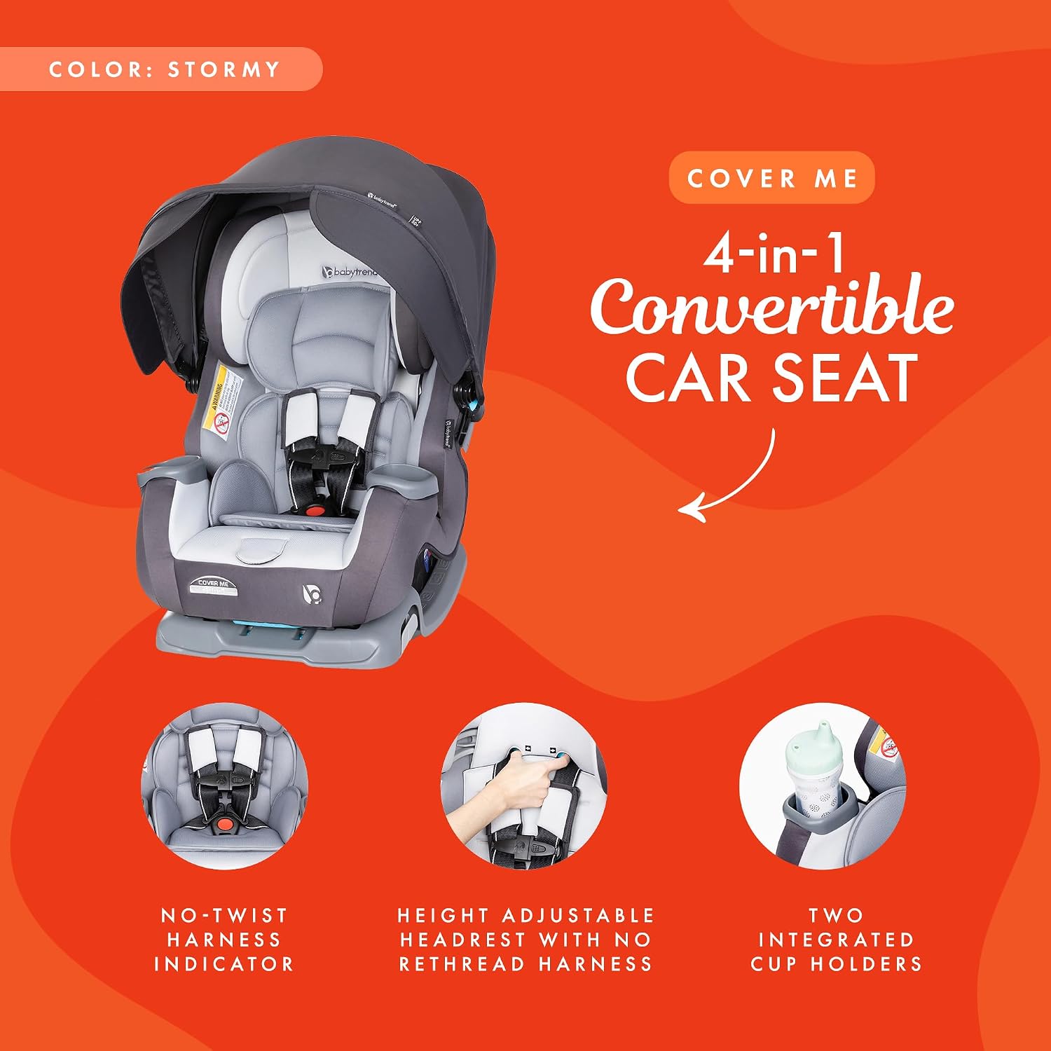 Baby Trend Cover Me™ 4-in-1 Convertible Car Seat, Vespa – Built-in Canopy, 4-Stage Growth System, Plush Comfort Padding, Multi-Position Recline