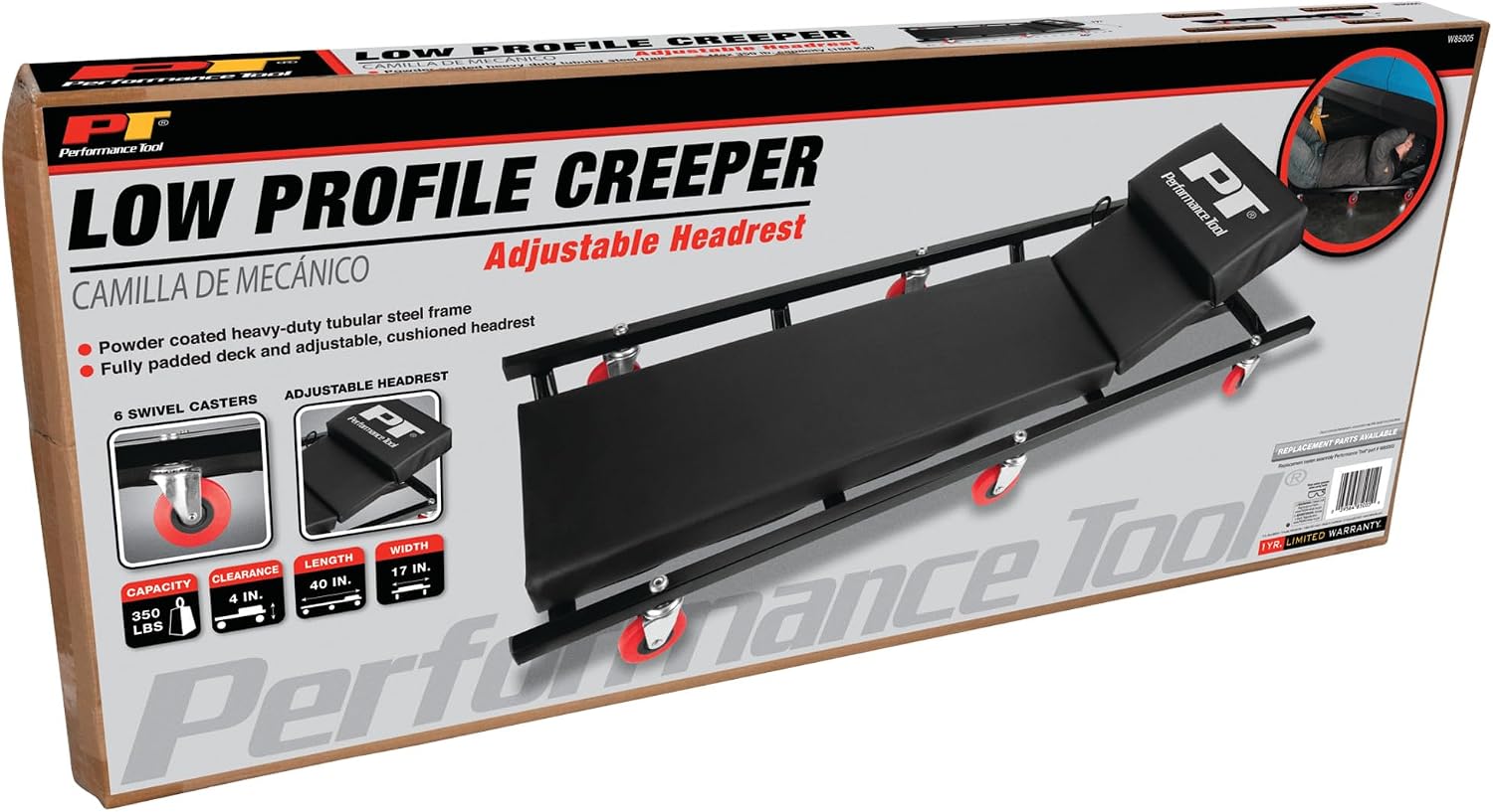 Performance Tool W85005 40 in. 6-Caster Rolling Shop Creeper | Automotive mechanics creeper with adjustable headrest. Heavy duty steel frame. Padded
