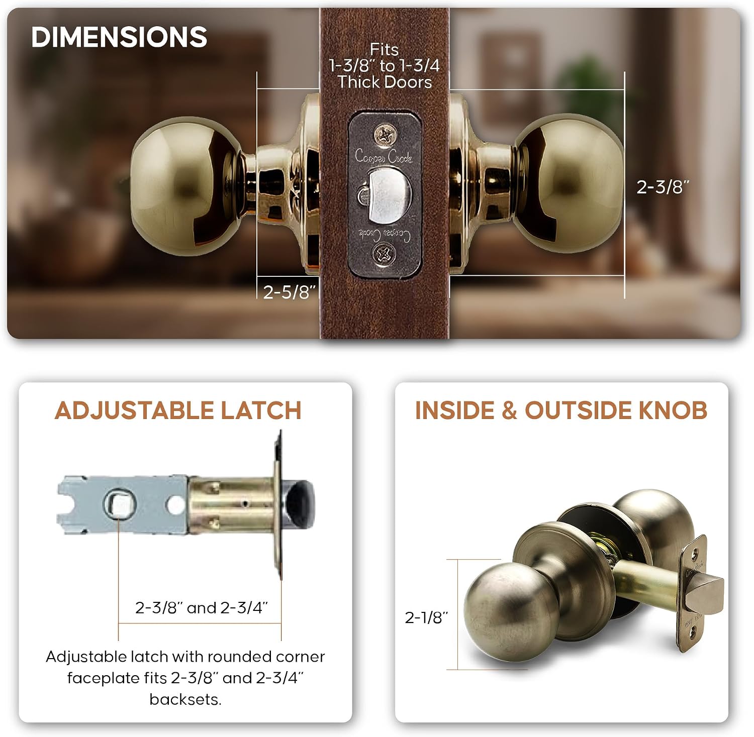 Copper Creek Privacy Interior Door Knob – ANSI Grade-3 Certified, Modern Heavy Duty Handle, Easy Install and Reversible for Bedroom, Bathroom & Closets – Satin Stainless (1 Pack)