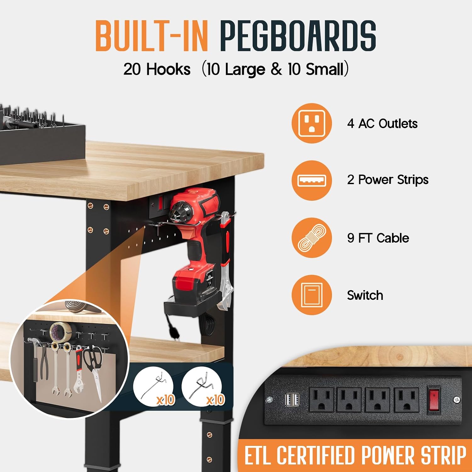 SPECRAFT Adjustable Black Heavy-Duty Workbench | 2000 Lbs Capacity, Rubber Wood Top, 4 AC Outlets and 2 USB Ports, for Garage, Workshop and Office