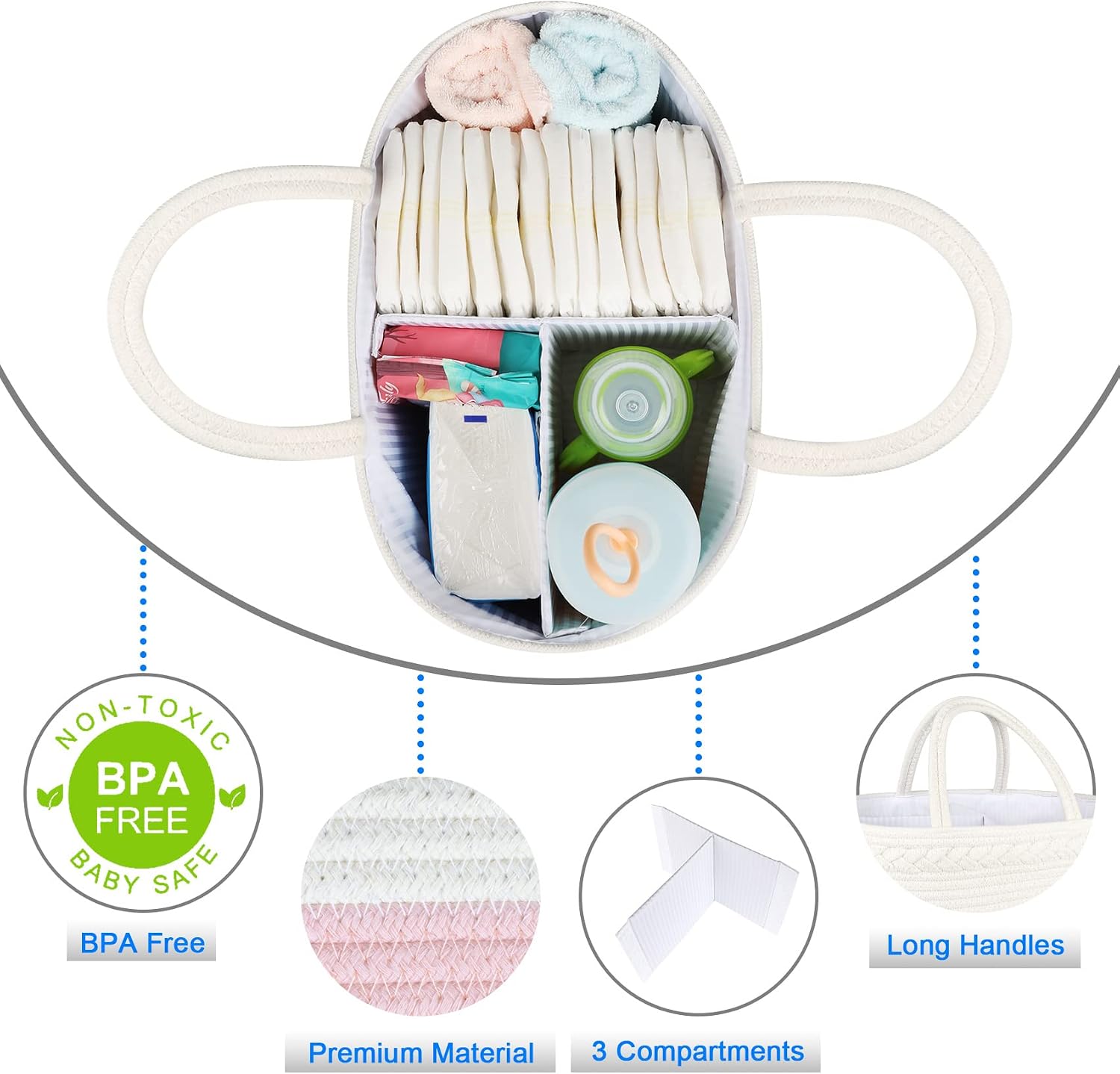 ABenkle Diaper Caddy Organizer - Cotton Rope Nursery Storage Basket for Baby Essentials, Boys & Girls Shower Gift, Changing Table Organizer