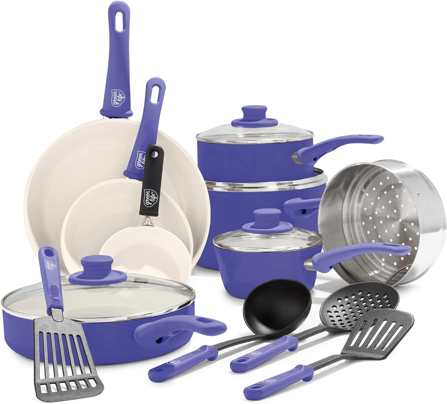 GreenLife 16 Piece Ceramic Nonstick Pots & Pans Cookware Set, Turquoise | PFAS-Free Ceramic Nonstick, Stockpot, Frying Pans, Saucepans, Sauté Pan, Stay-Cool Handles, Dishwasher & Oven Safe up to 350F