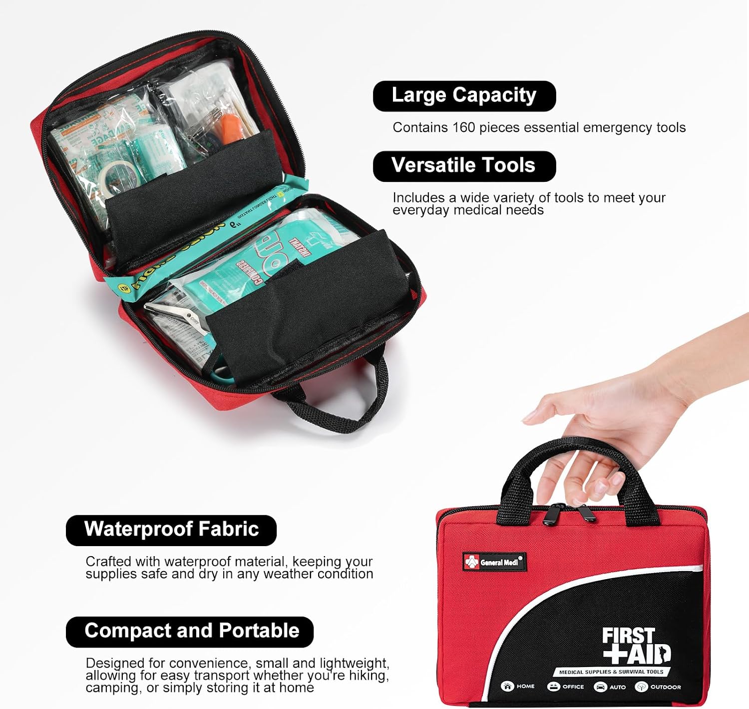 First Aid Kit -160 Pieces Compact and Lightweight - Including Cold (Ice) Pack, Emergency Blanket, Moleskin Pad, Perfect for Travel, Home, Office, Car