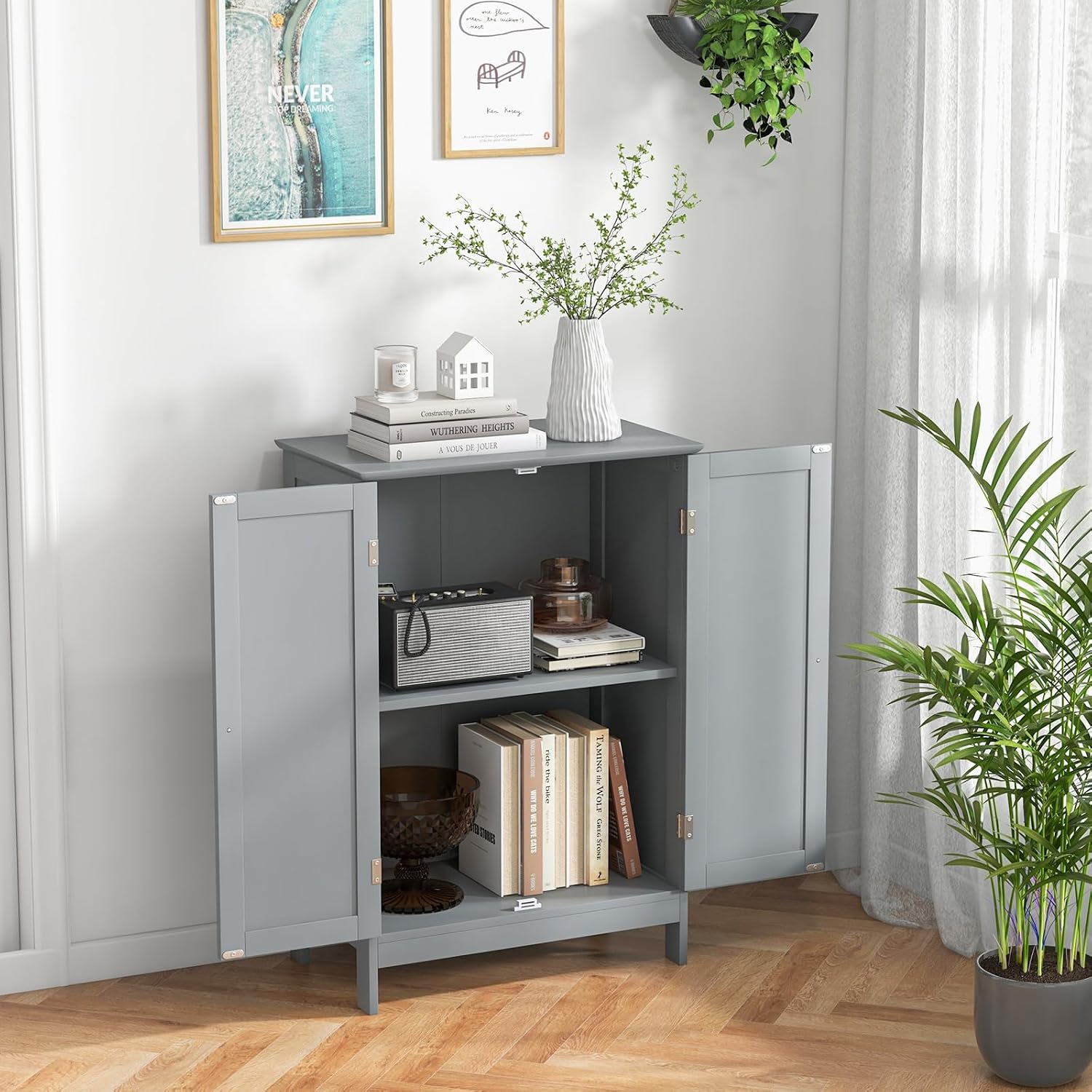 GLACER Bathroom Floor Cabinet, Wooden Storage Cabinet (White)
