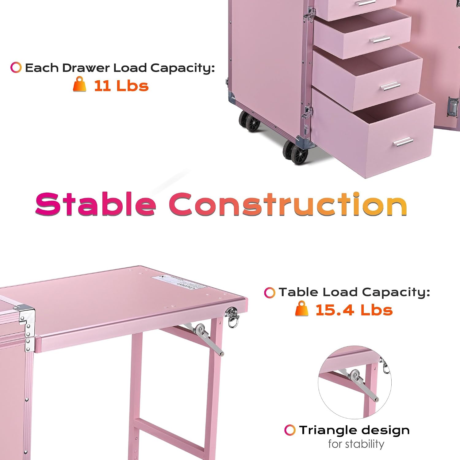 BYOOTIQUE Portable Nail Desk with 4 Storage Drawer Rolling Manicure Table