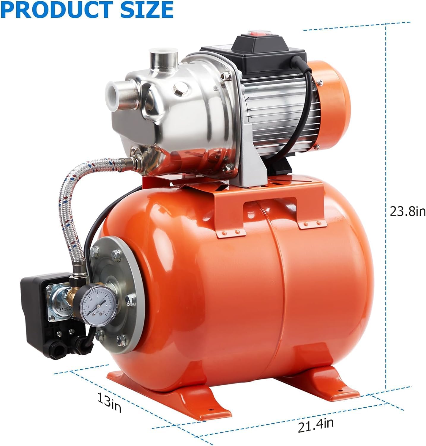TrailBlaze 1HP Shallow Well Pump with Pressure Tank, 115V, Stainless Steel Lawn Sprinkler Irrigation Pump, Automatic Water Booster Jet Pumps for Home, Garden, Lawn, Farm