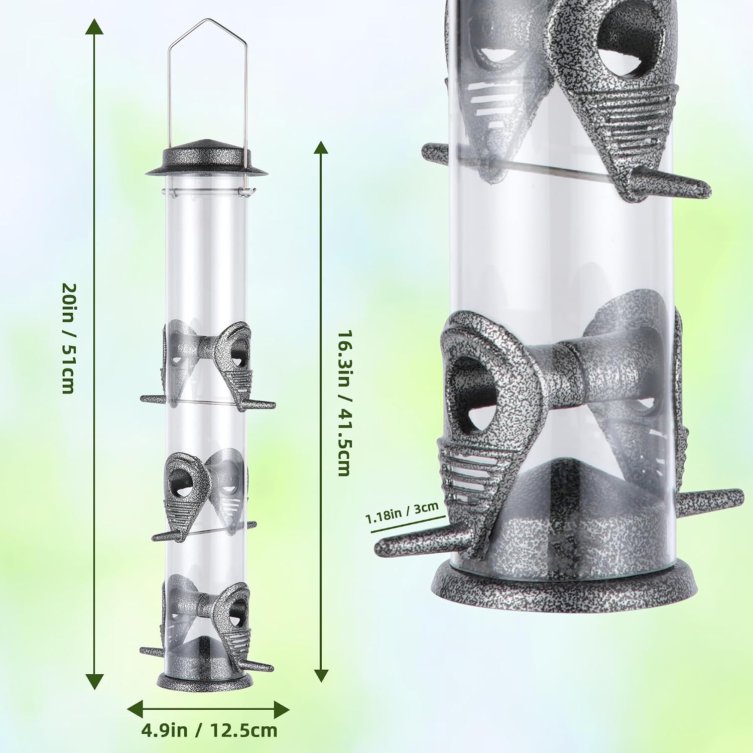 MIXXIDEA 1PK Metal Bird Feeders with 6 Feeding Ports, Tube Bird Feeder with Steel Hanger, Hard Plastic Wild Bird Feeder for Outdoors Hanging