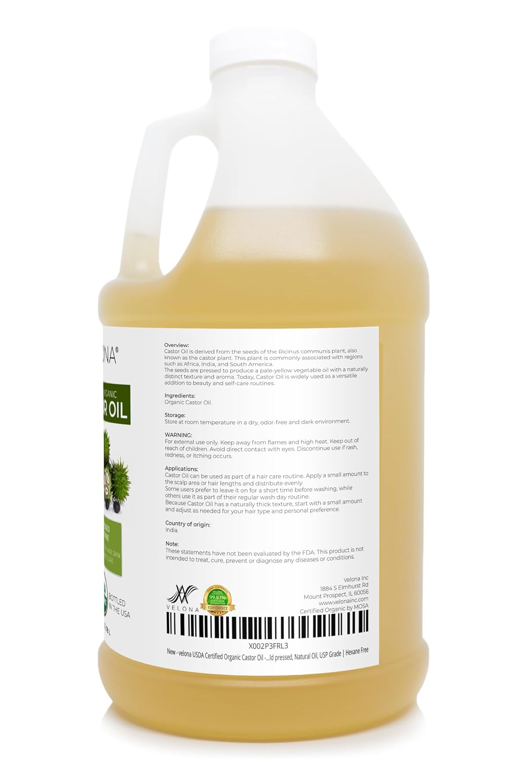 velona USDA Organic Castor Oil - 1 Gallon / 128 fl oz, Cold Pressed