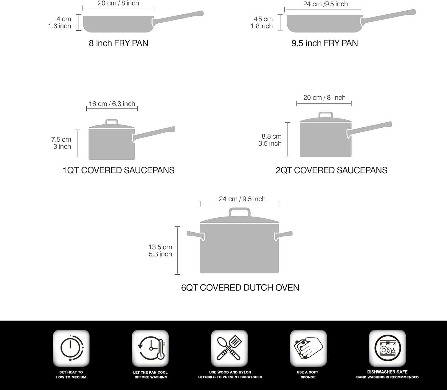 Cook N Home 8-Piece Nonstick Pot and Pan Set with Lid Induction Compatible | Cookware Set Includes Saucepan with Lid, Stockpot with Lid, Frying Pan, Kitchenware set Non Stick, Black