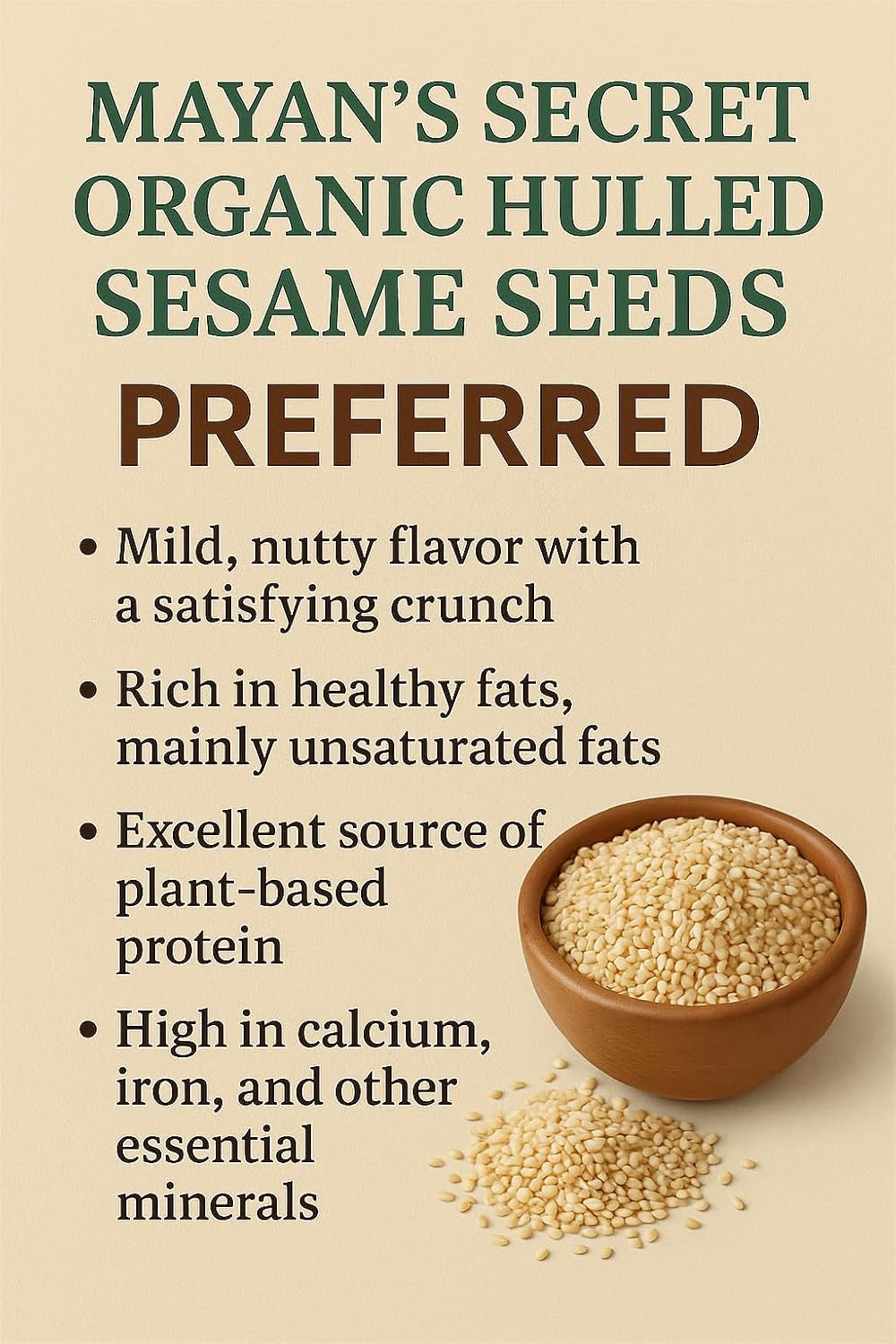 Mayan's Secret Certified Organic hulled Sesame Seeds, 2 Lbs - Gluten Free, Raw, Keto Friendly