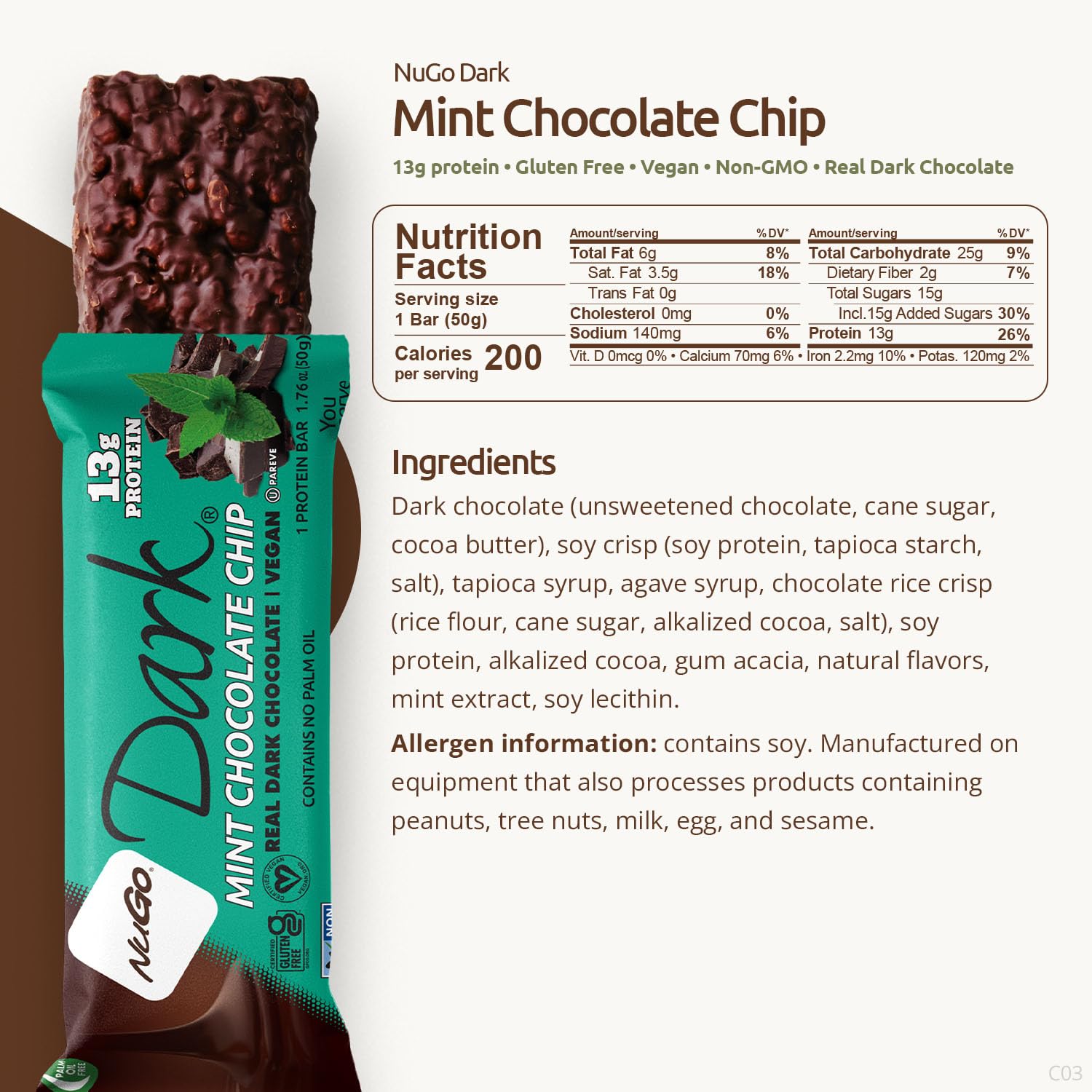 NuGo Dark, Mint Chocolate Chip, 13g Vegan Protein Bar, Gluten Free, 24 CT