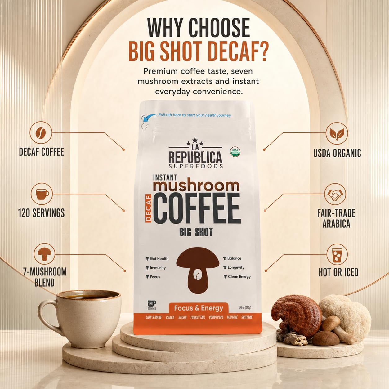 La Republica DECAF Organic Mushroom Coffee (35 Servings) with 7 Superfood Shrooms, Great Tasting Instant Mix Includes Lion's Mane, Reishi, Chaga, Cordyceps, Shiitake, Maitake, and Turkey Tail (Decaffeinated)