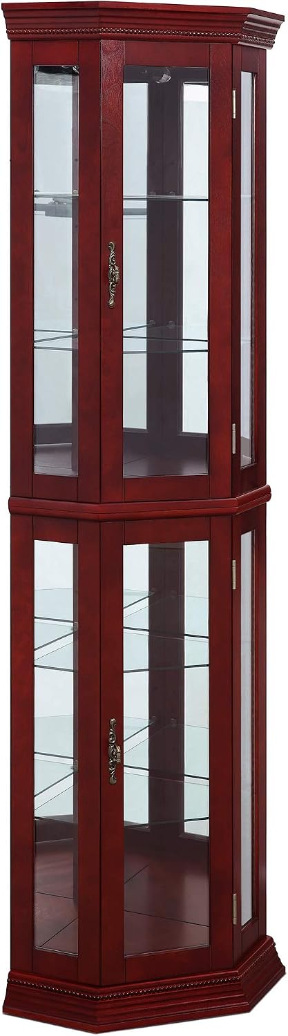 BELLEZE Lighted Wooden Corner Display Curio Cabinet, Two Section Shelving Unit with Tempered Glass Door