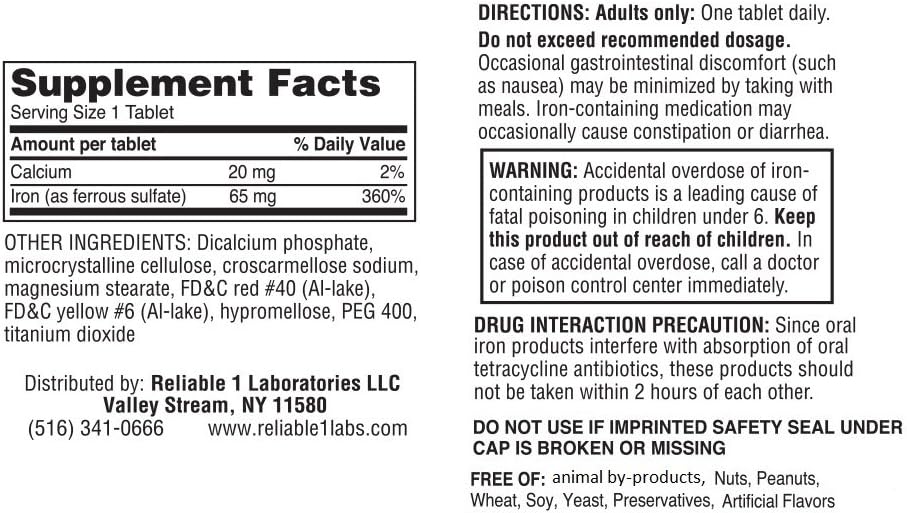 Iron Supplement Ferrous Sulfate 325mg by Reliable 1 | Iron Pills for Women and Men | Iron Supplements for Anemia and Iron Deficiency | 100 Iron Tablets per Bottle