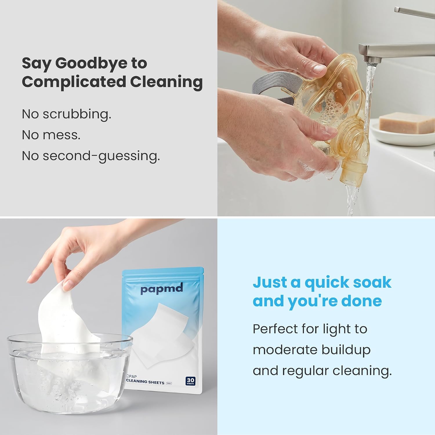 PAPMD CPAP Dissolvable Cleaning Sheets Pro, Light-Moderate Buildup | 30 PCS | Unscented & Dissolvable CPAP cleaning supplies for mask, hose & chamber. Unscented soak & rinse — no scrubbing, no residue.