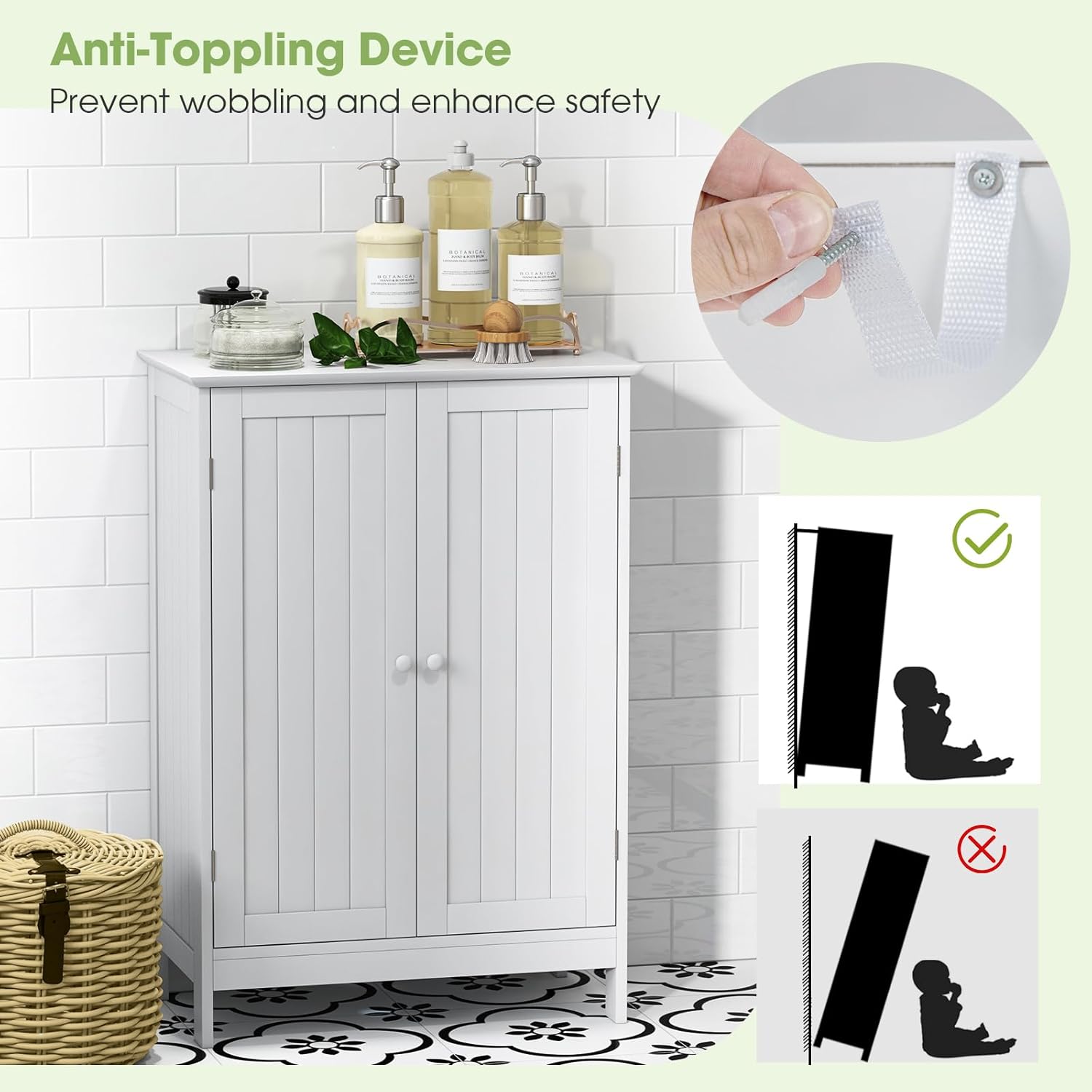 GLACER Bathroom Floor Cabinet, Wooden Storage Cabinet (White)