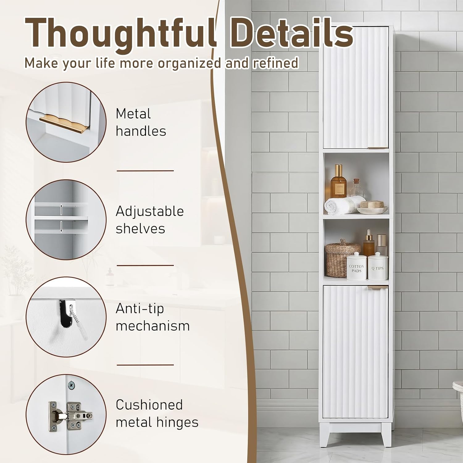 VINGLI White Fluted Tall Narrow Bathroom Cabinet, 67" Slim Freestanding Storage Cabinet for Small Spaces, Wood Linen Tower Floor Cabinet with 2 Doors