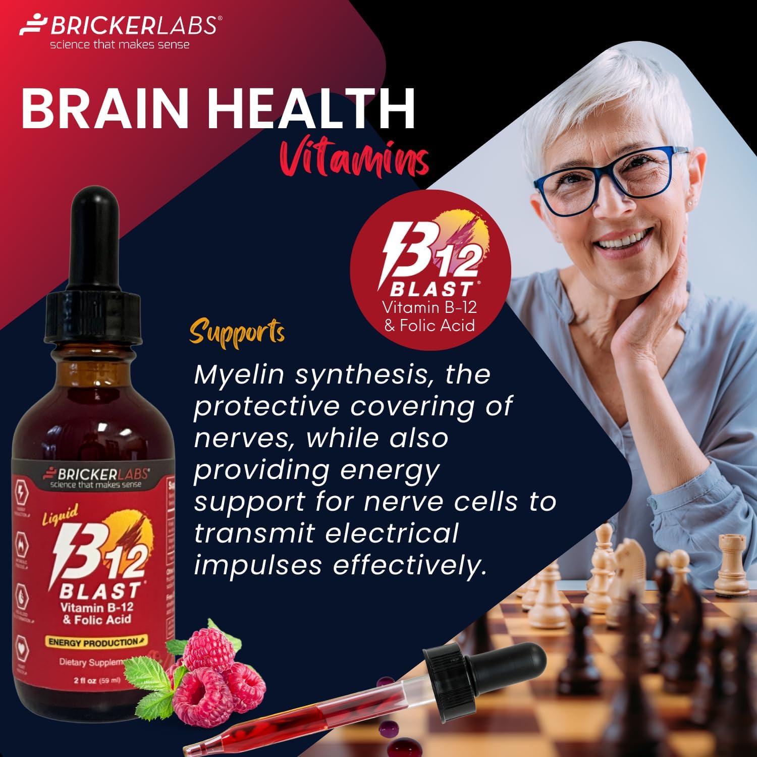 Bricker Labs B-12 Blast Liquid Vitamin B12 and Folic Acid Supplement, Support Energy Production