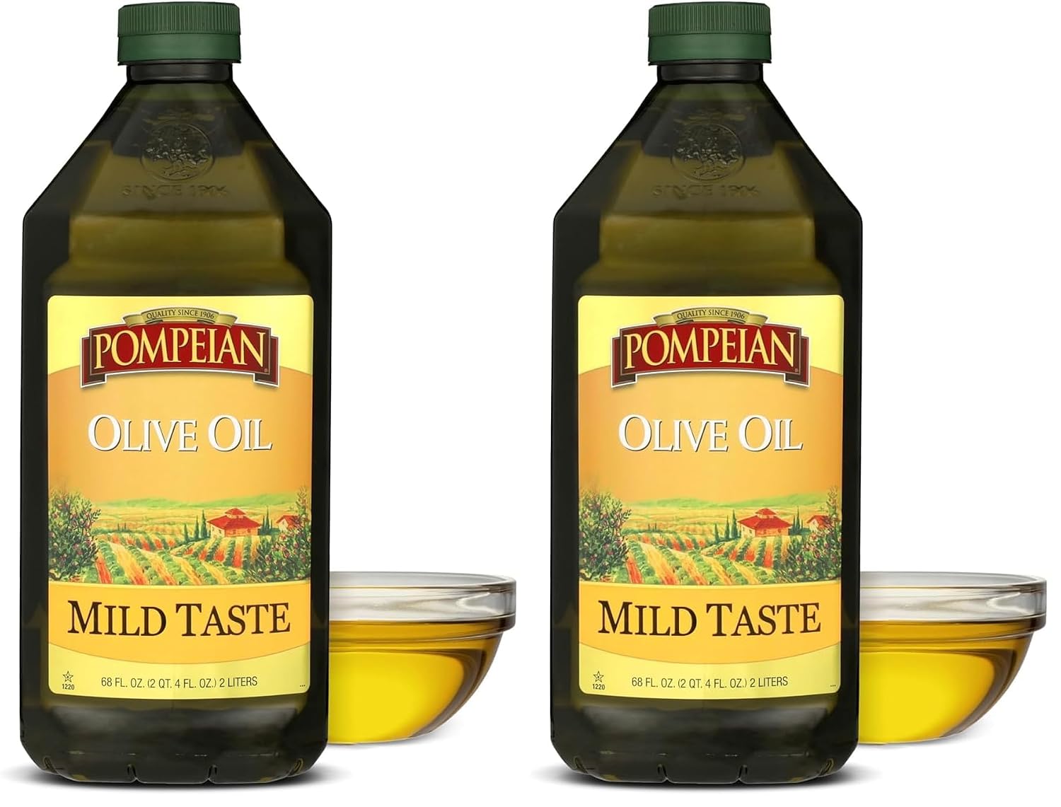 Pompeian Mild Taste Olive Oil - 68 fl oz (2 L) | Olive Oil for High Heat Cooking - Mild Flavor for Baking and Sauteing - High Smoke Point - Value Size