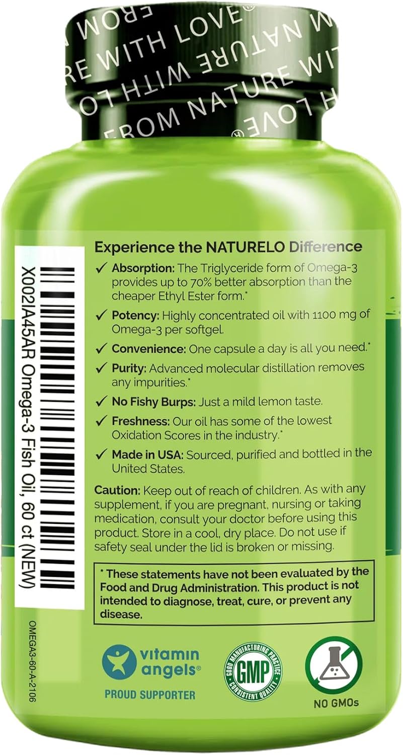 NATURELO Burpless Omega 3 Fish Oil Supplement, 1100mg, 60 Softgels | Triglyceride omega-3, omega 3 DHA EPA, liquid fish oil, 2 months supply