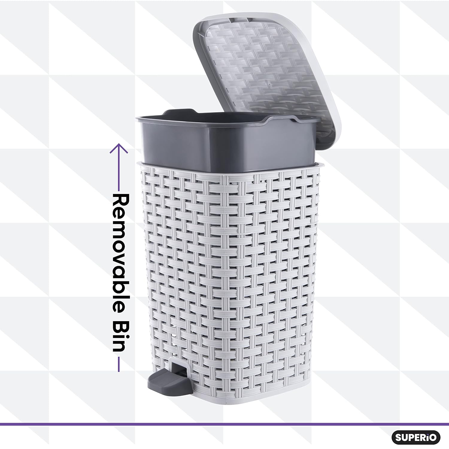 Superio Mini Trash Can with Foot Pedal Small Outdoor Garbage Can with Lid, 1.5 Gallon Plastic Waste Basket for Bathroom, Bedroom, Kitchen, Office, Patio (Wicker Brown 6 QT.)