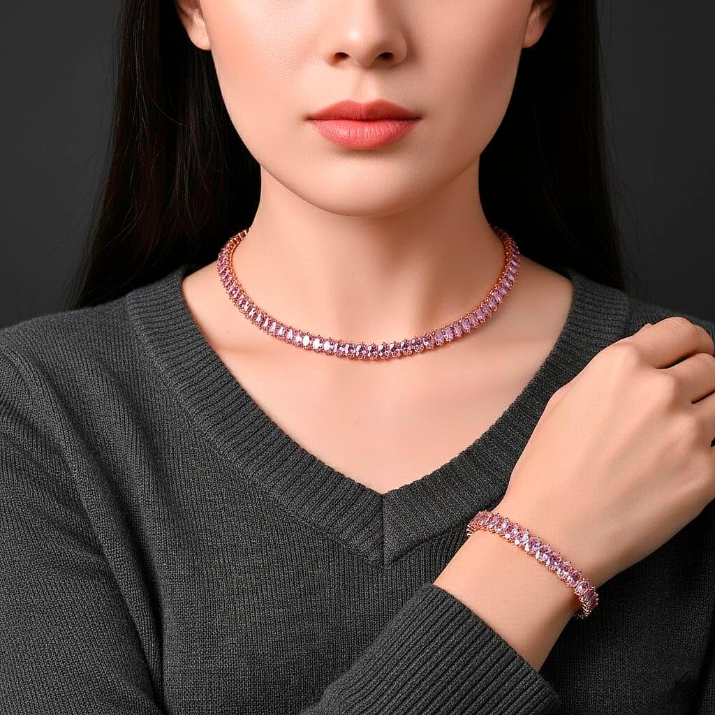 2 Piece Set Pink Cubic Zirconia Chocker Necklace 17"Bracelet 7.5In