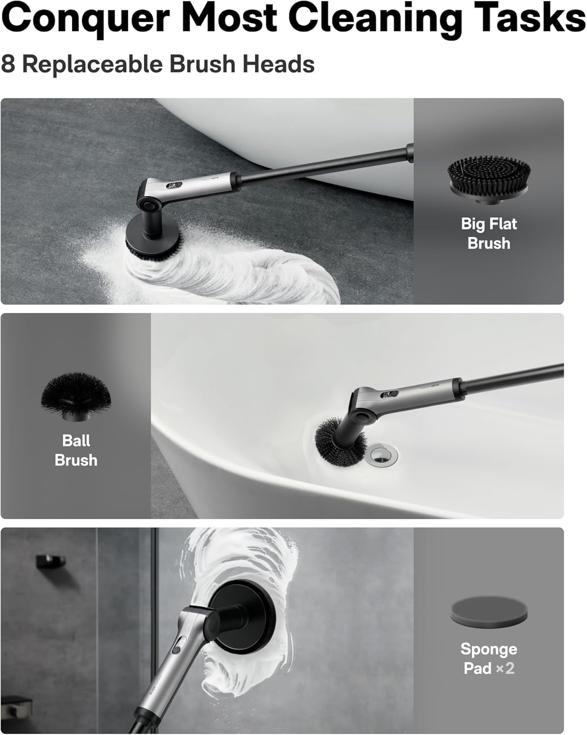 HOTO Flexi™ Cordless Electric Spin Scrubber, for Bathtub, Bathroom, Tile | Adjustable Angle, Extendable Handle, Smart Display, IPX7 Waterproof