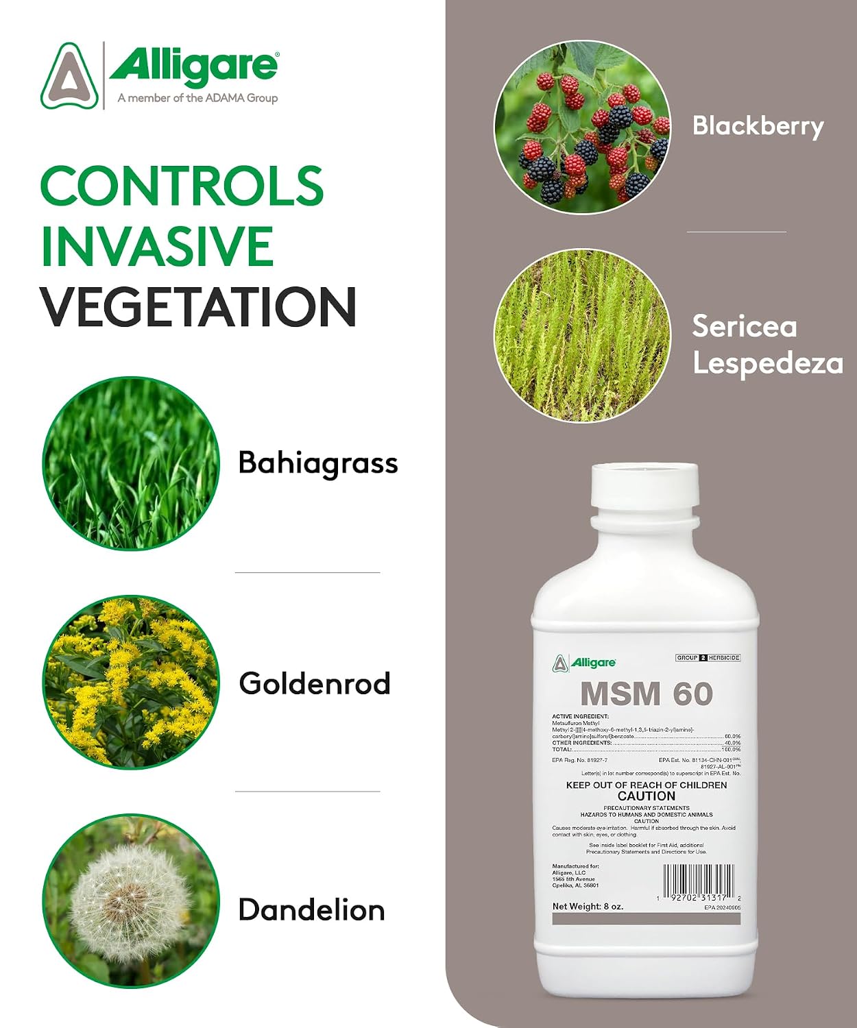 ALLIGARE MSM 60 DF - Selective Broadleaf Brush and Weed Killer for Pastures, Rangelands, Forestry, Roadsides & Industrial Sites - Low Use Rates, Tank-Mix Compatible - 8 oz