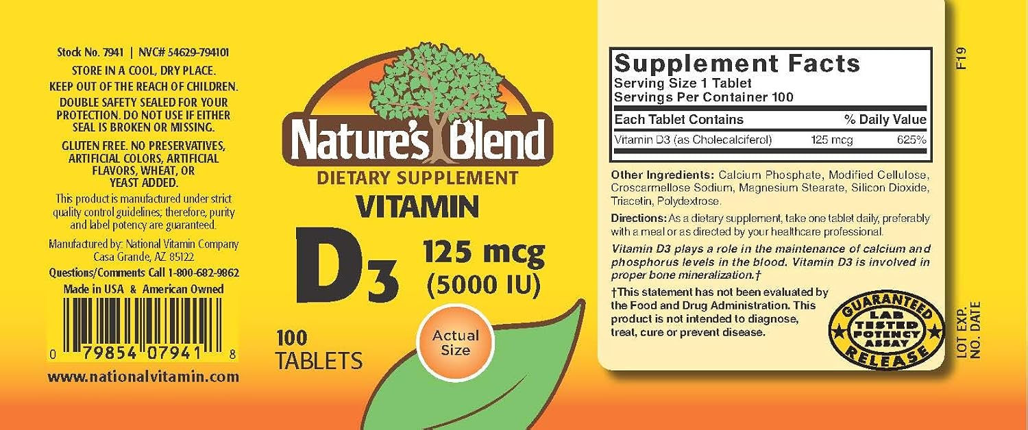 Nature's Blend Vitamin D3, 5000 IU 100 Tablets