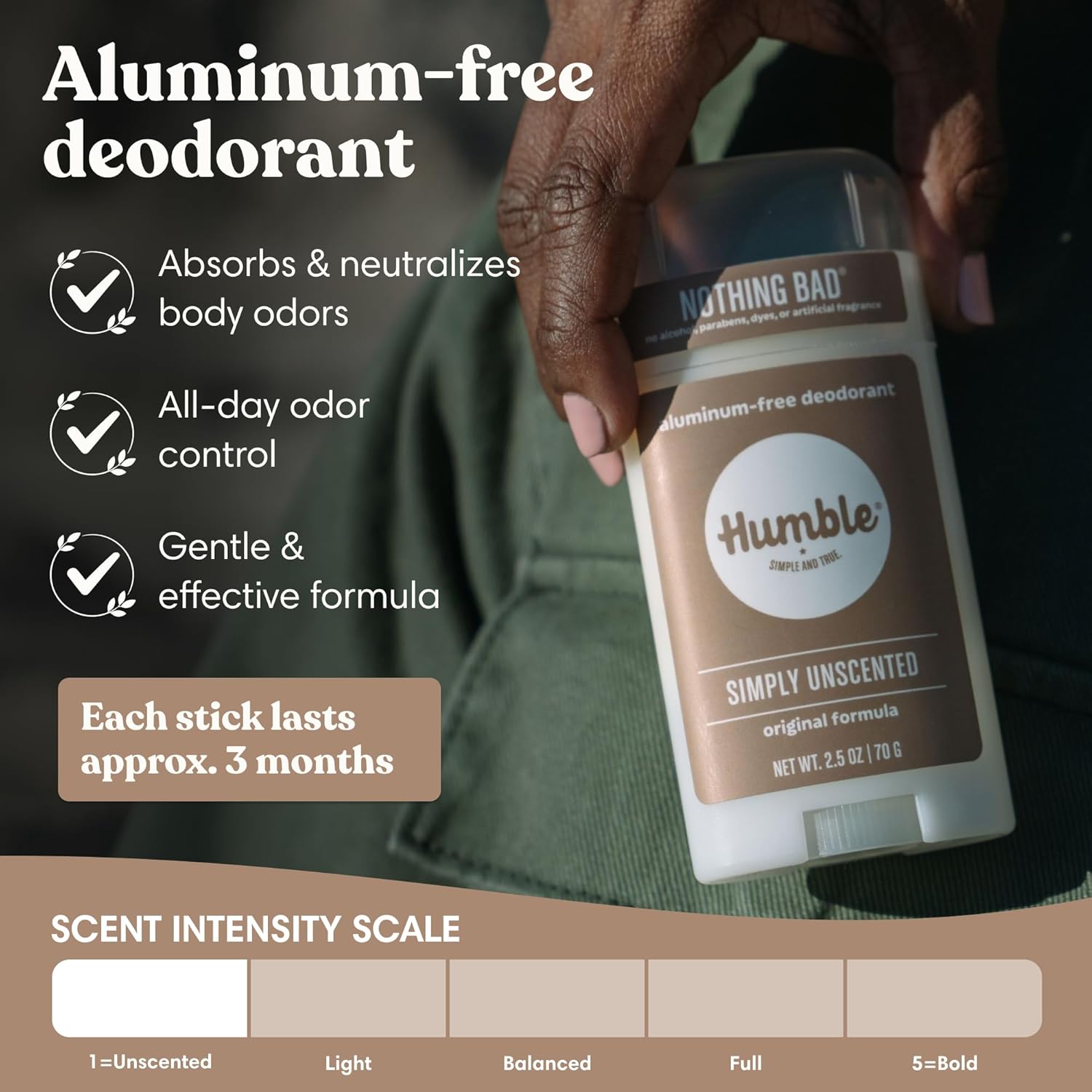Humble Aluminum-Free Deodorant, Simply Unscented - 1 Pack | Baking Soda-Free, Clean, Fresh, Natural, Essential Oils, Sensitive Skin, Long-Lasting Odor Control, Cruelty-Free, Men & Women