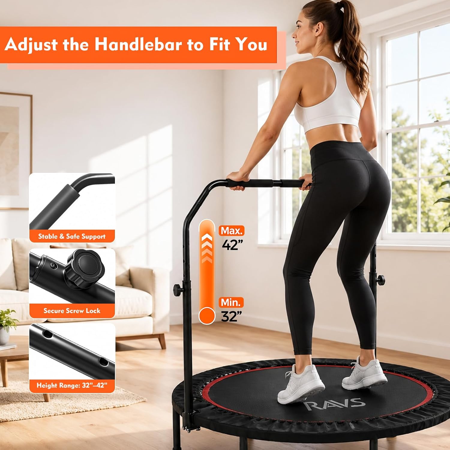 RAVS 40/48" Foldable Rebounder Trampoline for Adults, Handlebar, Indoor