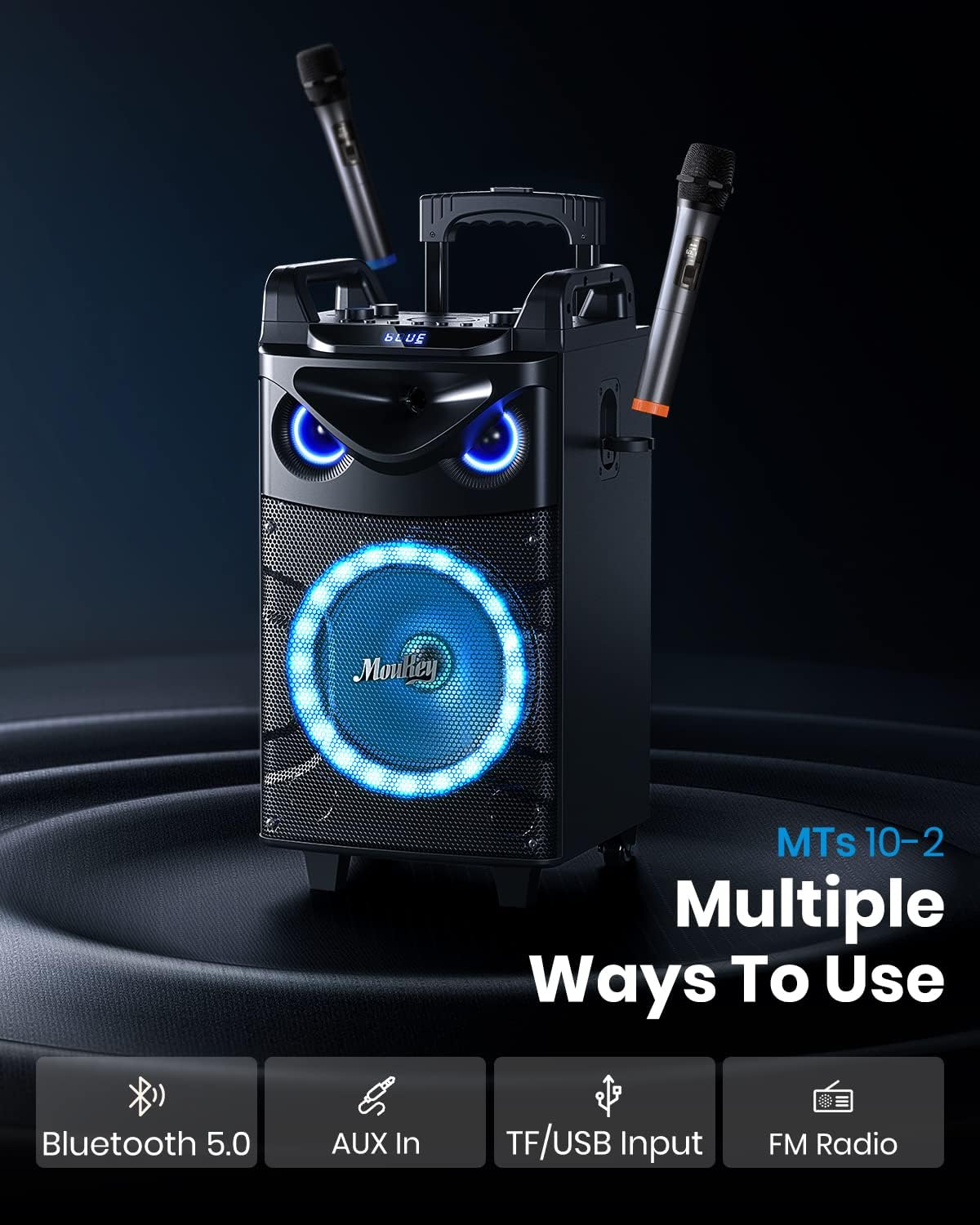Moukey Karaoke Machine, 10" Woofer Portable PA System, Bluetooth Speaker with 2 Wireless Microphones, Lyrics Display Tablet Holder