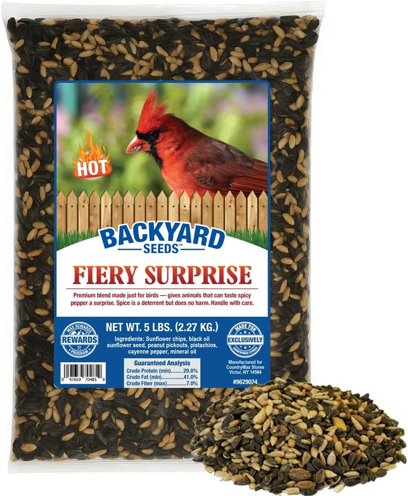 CountryMax Backyard Seeds Fiery Surprise Spicy Bird Seed Blend – Hot Cayenne Pepper Bird Seed – Squirrel Resistant Wild Bird Food (14 Pounds)