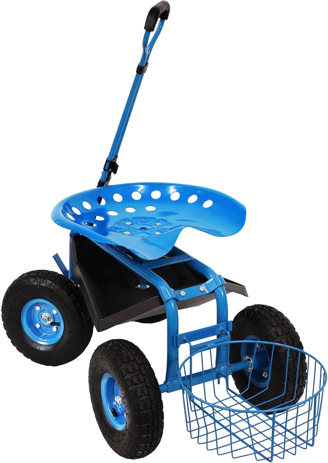 Sunnydaze Garden Cart with Wheels and Extendable Handle, Blue | Steel Rolling Gardening Seat with Utility Tray, and Basket for Storage, Rotating, Swiveling Motion