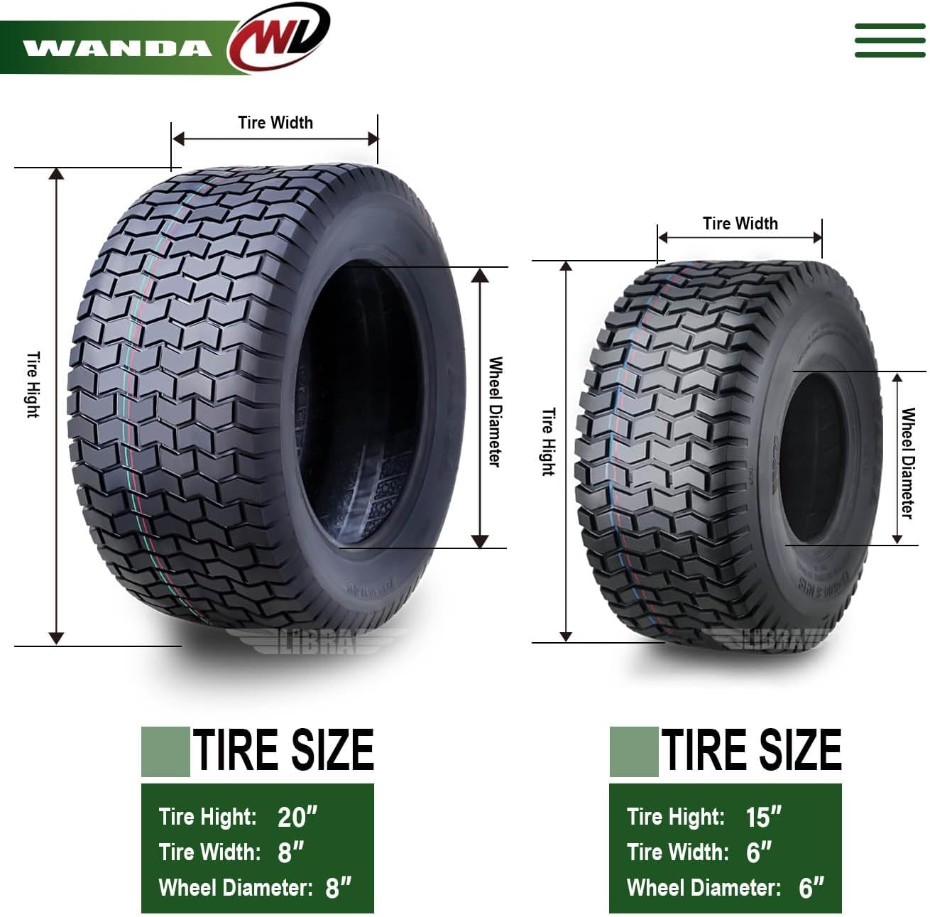 WANDA Set 4 Lawn Mower Turf Tires 16x6.5-8 & 23x10.5-12 /4PR -13019/13049 | Riding Lawn Mover, Garden Tractor