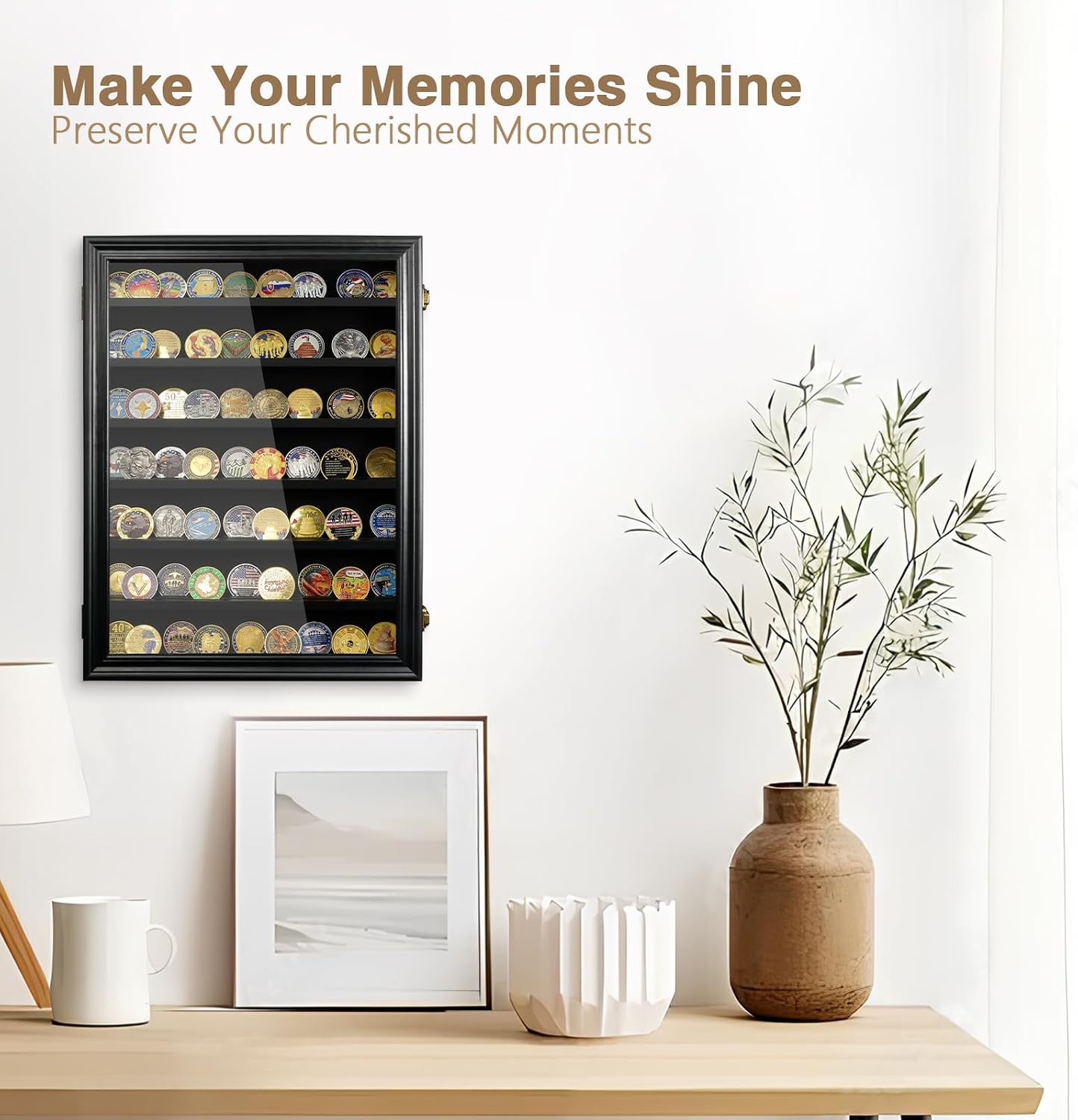 ASmileIndeep 7 Rows Military Challenge Coin Holder Display Cabinet Wall Mount with HD Tempered Glass, Holds 100 Coins, Wooden Medal Display Case Shadow Box with Removable Shelves, Mahogany