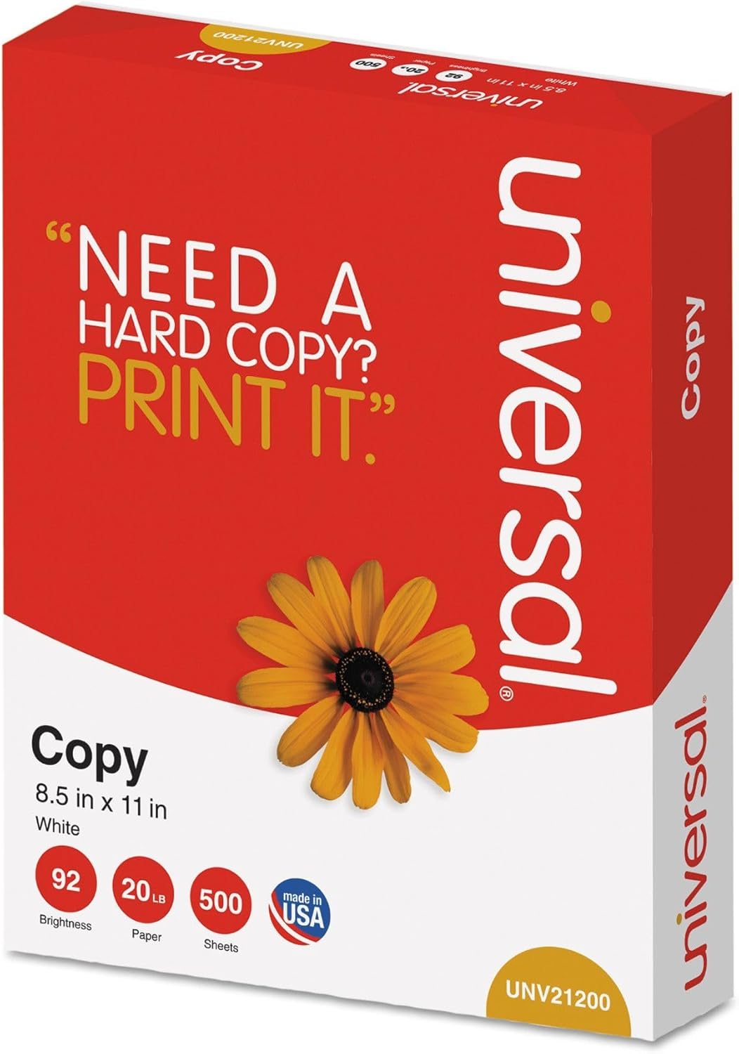 Universal 21200 Copy Paper, 92 Brightness, 20lb, 8-1/2 x 11, White (Case of 5000 Sheets)