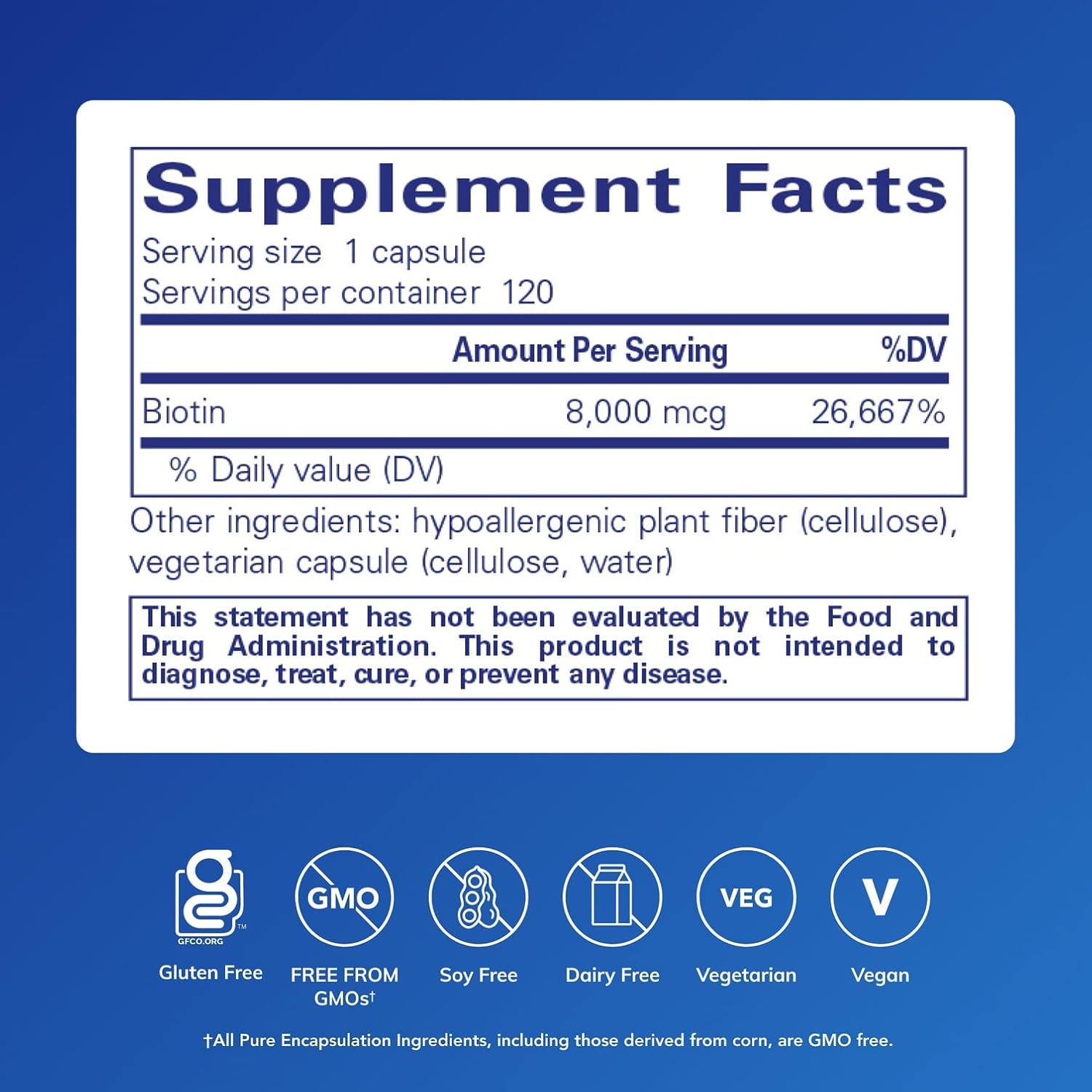 Pure Encapsulations Biotin 8 mg - B Vitamin Supplement to Aid Stress Relief, Hair, Skin & Nail Strengthening, Metabolism, Carbohydrate Support & Nervous System* - with Premium Biotin - 120 Capsules | B Vitamin Supplement for Stress Relief, Hair, Skin, an…
