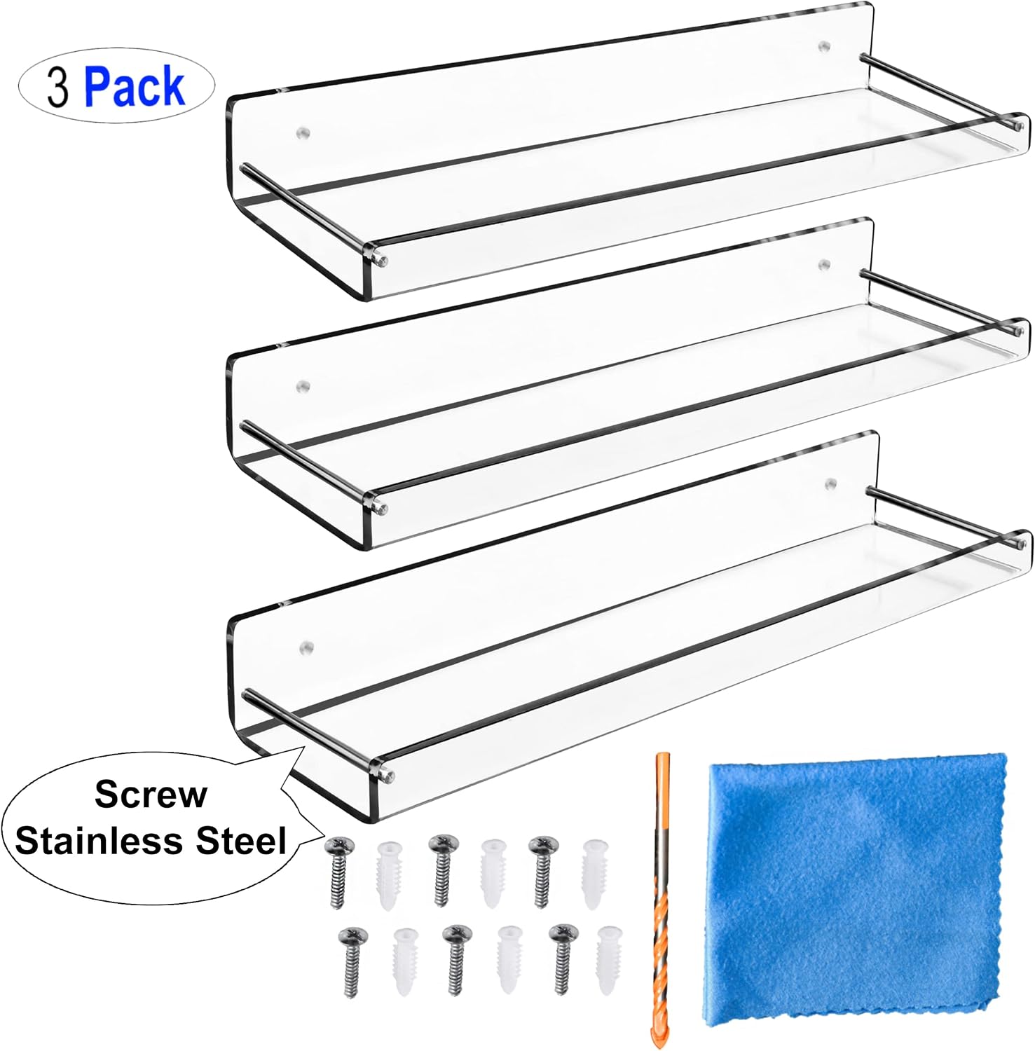 AMT 2 Pack Acrylic Floating Shelves, 15" L x 4" W, Clear Bathroom Wall, Bookshelves, Invisible Display for Office, Bedroom