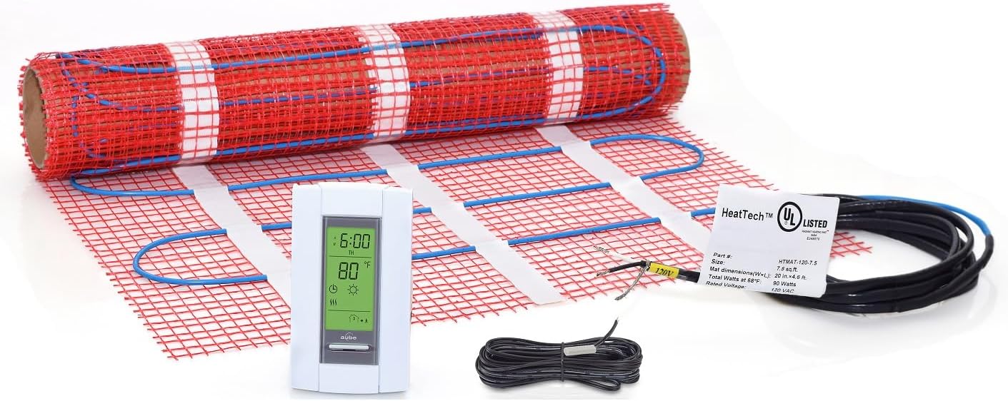35 sqft Floor Heating Mat Kit, 120V Electric Radiant Floor Heat Heating Mat System with Adhesive Backing, Aube TH115-AF-120S Programmable Floor Sensing Thermostat w/Floor Sensor. Tile, Stone, Marble