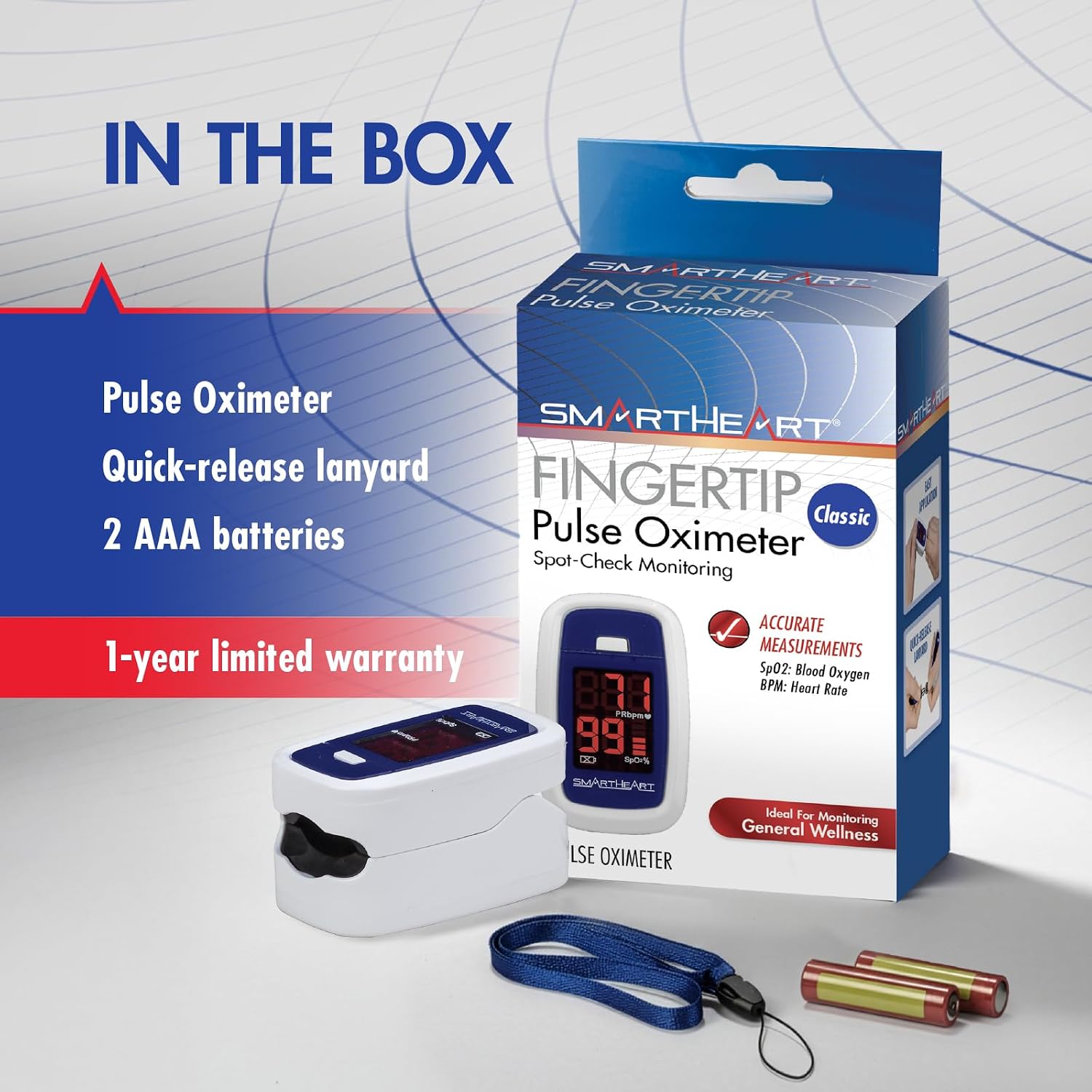 SmartHeart Fingertip Pulse Oximeter | Pulse Rate Monitor, Blood Oxygen Saturation, LED Display, Portable for Home & Sports Use