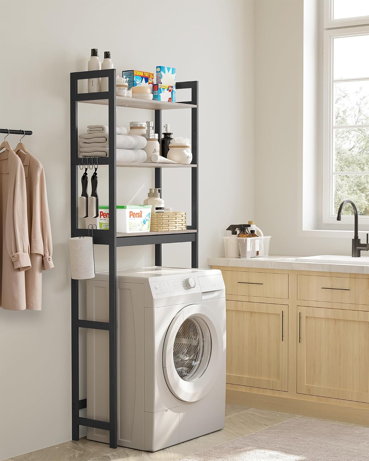 SONGMICS Over The Toilet Storage, 3-Tier Over Toilet Bathroom Organizer with Adjustable Shelf, 10.2 x 24.8 x 66.9 Inches, Space-Saving, Cloud White UBTS01WT