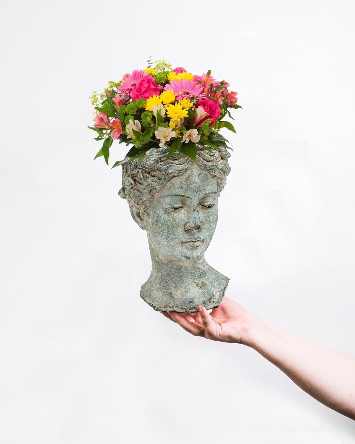 Abbott Collection Large Woman Head Planter | Hand-Finished Greco-Roman Style, Indoor & Outdoor, For Flowers & Succulents, Cement, Gray, 10"H