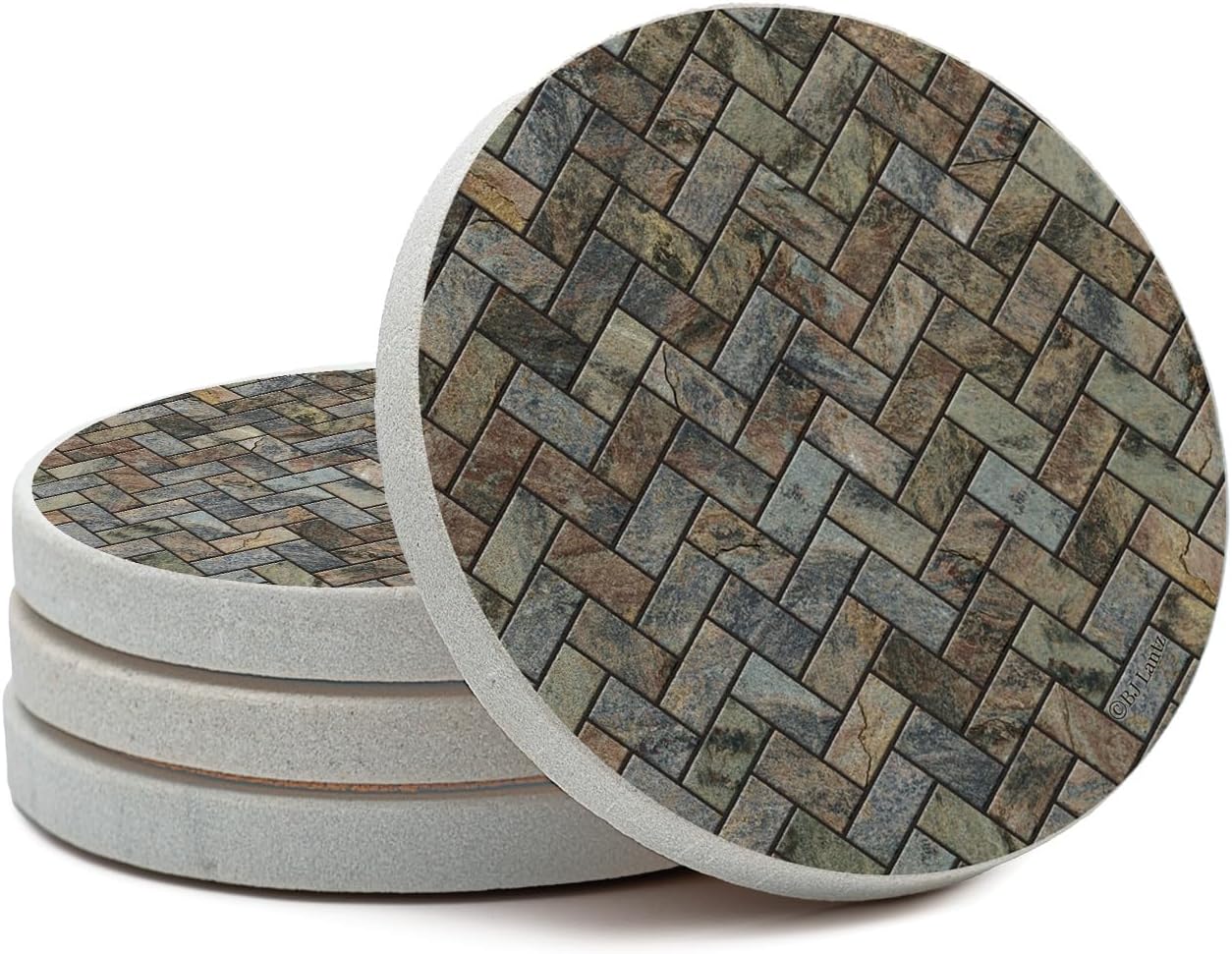 Thirstystone Herringbone Pattern Natural Sandstone Coaster 4 Pack | Eco-Friendly, Absorbent, Easily Wipes Clean