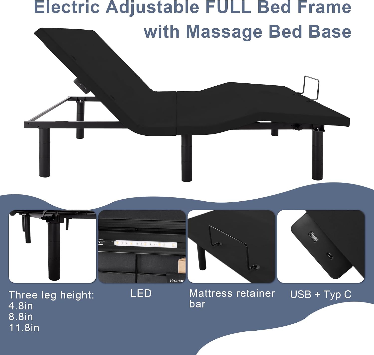 Fromann Adjustable Electric Twin XL Bed Base Frame with Massage, USB Type-C Ports, Zero Gravity, Under Bed Led Lighting and Three Leg Height (Black)