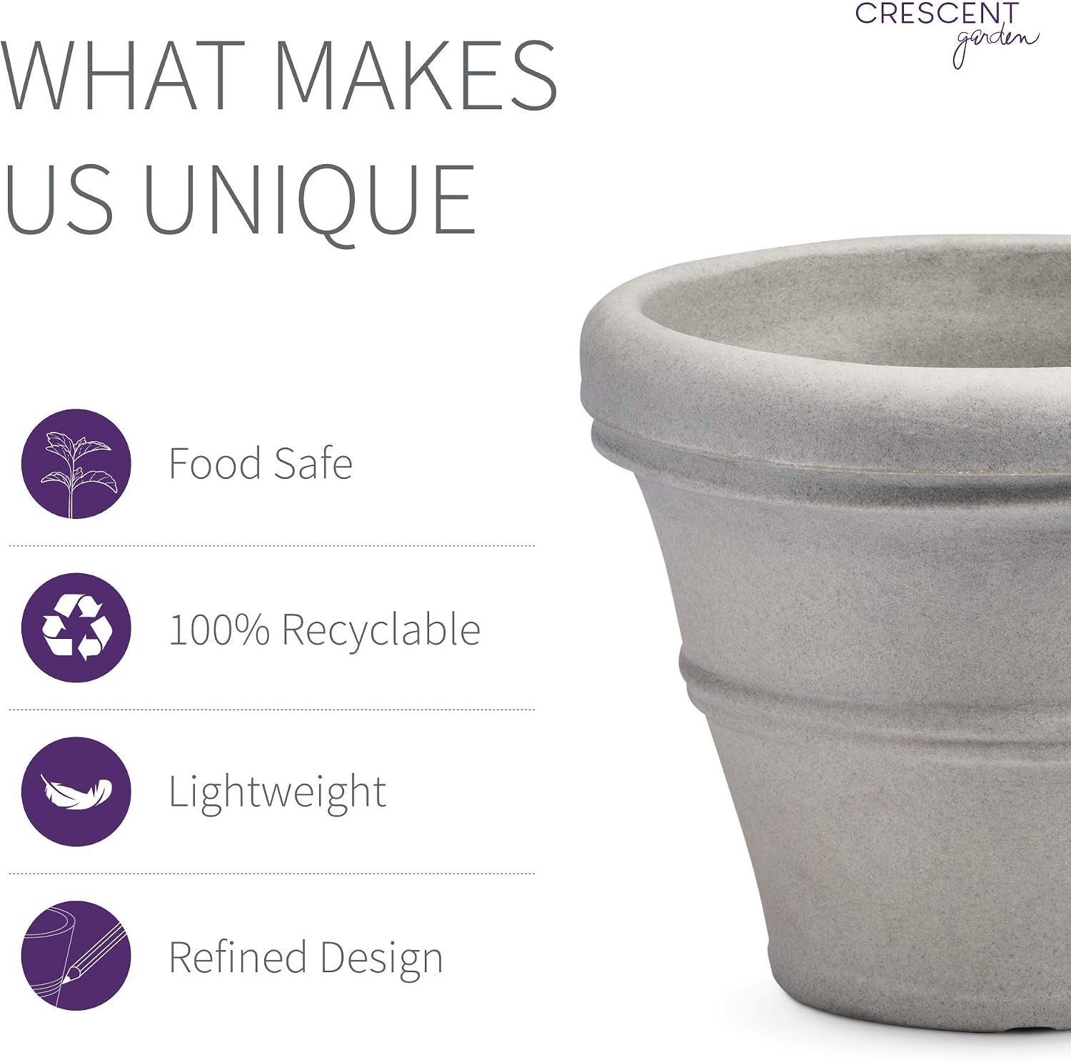 Crescent Garden Brunello Classic Gray Rolled Rim Planter Pot, Lightweight Indoor/Outdoor Weather-Safe Round Plant Pot, 27''W (Weathered Concrete)